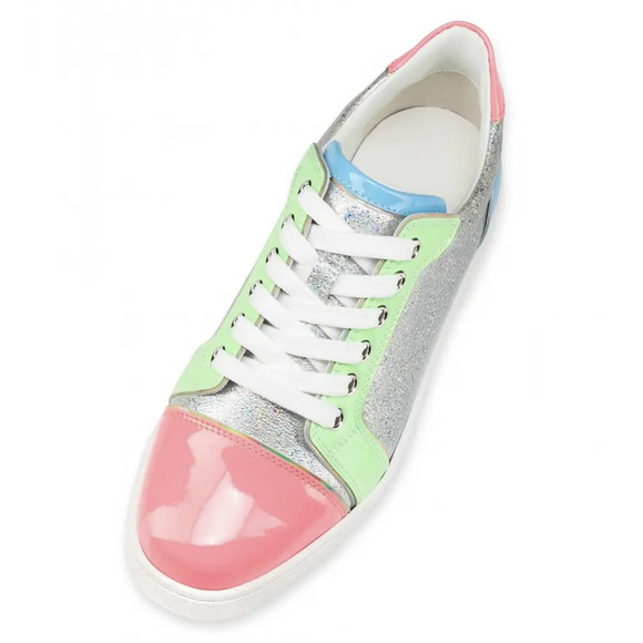 Christian Louboutin Fun Vieira Flat Patent Pink Silver Blue Low Top Sneaker 38.5 - Picture 6 of 12